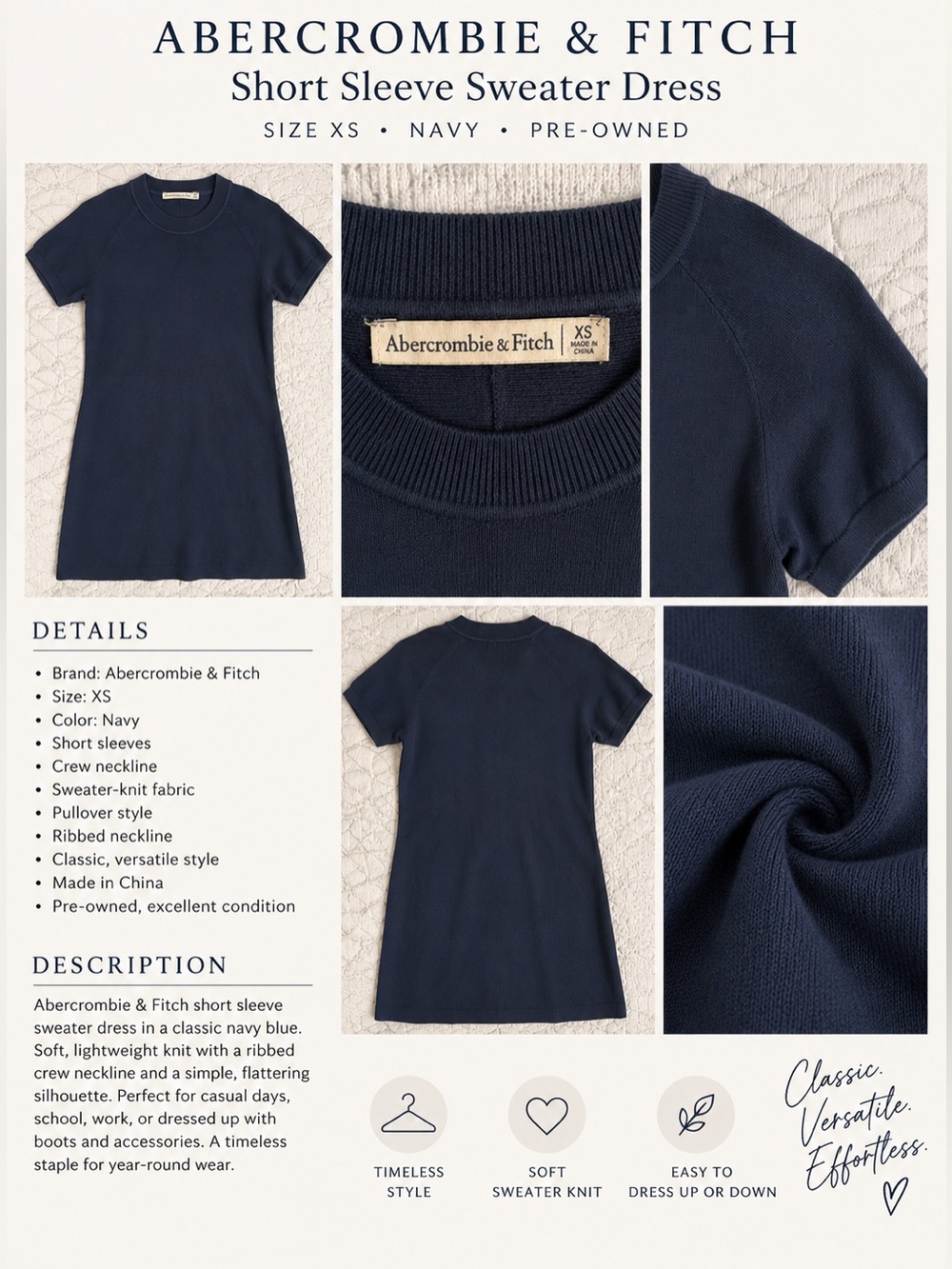 Abercrombie & Fitch Navy Short-Sleeve Crew Sweater Dress